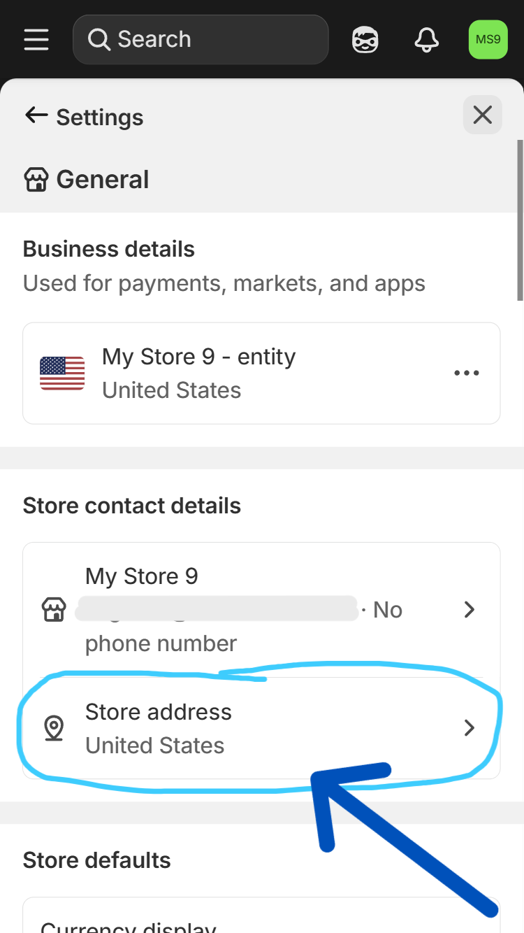 Shopify Settings → General with the Store address row circled